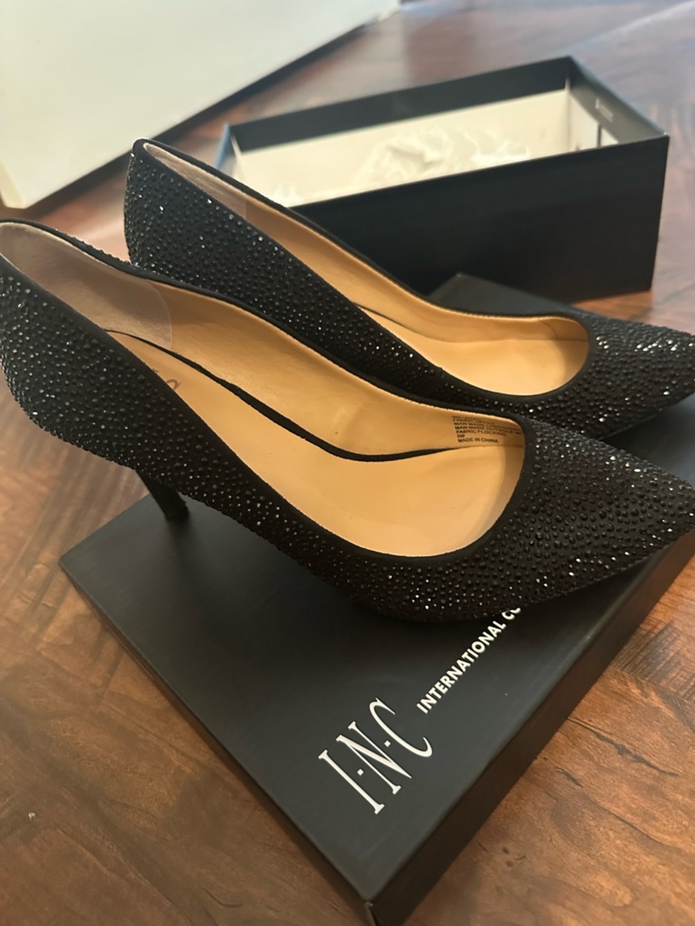 INC International Concepts Black Rhinestone Pointed Toe Pumps